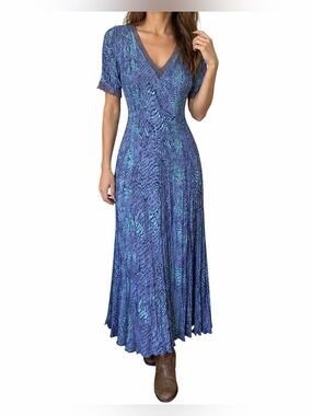 Vintage Lola P Blue Snakeskin Crinkle Lace Trim Maxi Dress Small